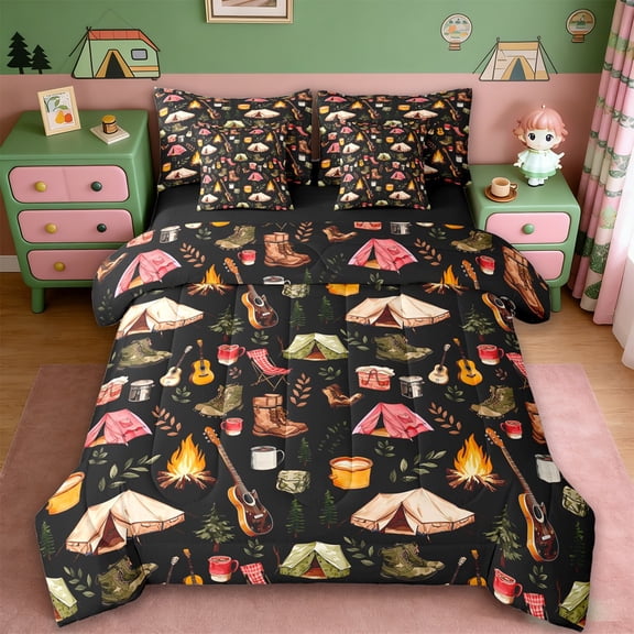 Erosebridal Outdoor Adventure 7pcs Bedding Comforter Set,Kids Camping Queen Bedding Sets For Kids,Reversible black