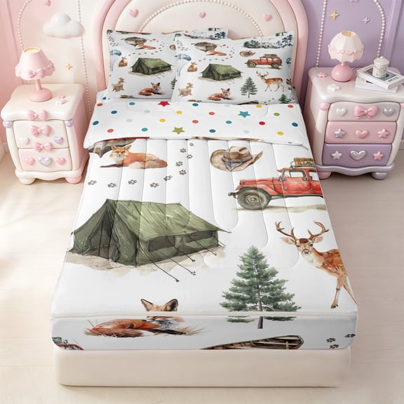 Erosebridal Outdoor Camping Patchwork Zipper Twin Comforter Sets with Fitted Sheet and 2 Pillowcases,Fox Deer Jeep Mountain Wildlife Zipper Bedding Set For Boys,Polkadot Reversible,4 Pieces