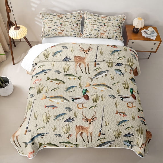 Erosebridal Outdoor Fishing Wildlife Quilt Full,Deer Duck Freshwater Fish Full Bedspread Sets For Boys,3 Pieces