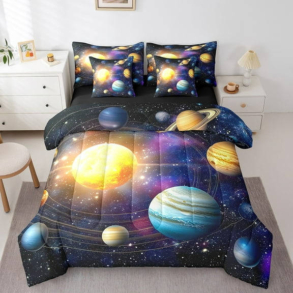 Erosebridal Outer Space Bed in a Bag Queen size, 3D Planet Bed Set, Psychedelic Galaxy Reversible Bedding Queen Size, Lightweight Room Decoration, 7 Pieces