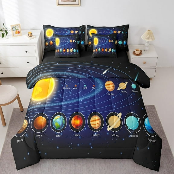 Erosebridal Outer Space Bedding Queen Size, Cartoon Planet Bedding Sets Queen Size, Galaxy Room Decor, Reversible 7-Piece