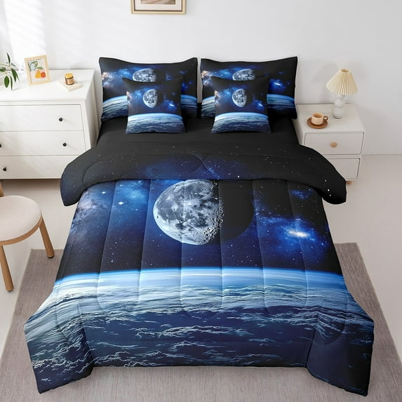 Erosebridal Outer Space Bedding Sets Twin Size,Galaxy Planet Comforter Sets with Sheets,Starry Night Bed in a Bag Twin Size,Breathable Bedroom Decorative Reversible,7-Piece