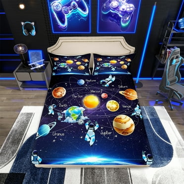 Erosebridal Outer Space Queen Fitted Sheet Planet Bed Sheets, Solar System Bed Set Teens Blue Galaxy Starry Sky Astronaut Print Bedding Set Universe Themed Bedding 3 Pcs