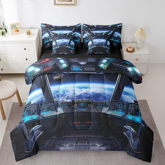 Erosebridal Outer Space Spacecraft Bedding Sets King Size,Galaxy Planet Comforter Sets with Sheets,Earth Print Bed in a Bag King Size For Men Women,Breathable Bedroom Decor Reversible,7-Piece