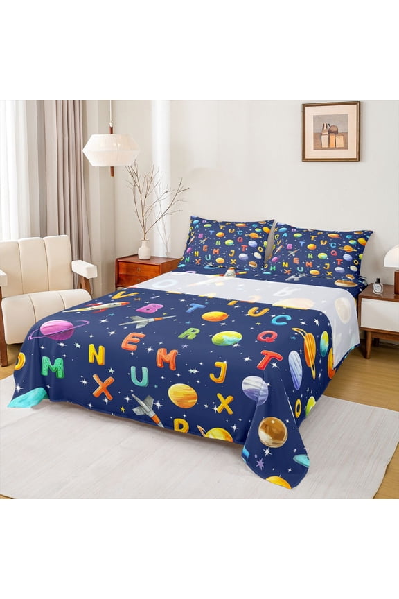 Outer Space Theme Planet Queen Sheet Sets,Colorful 3D Letter Bed Set For Boys Kids 4pcs