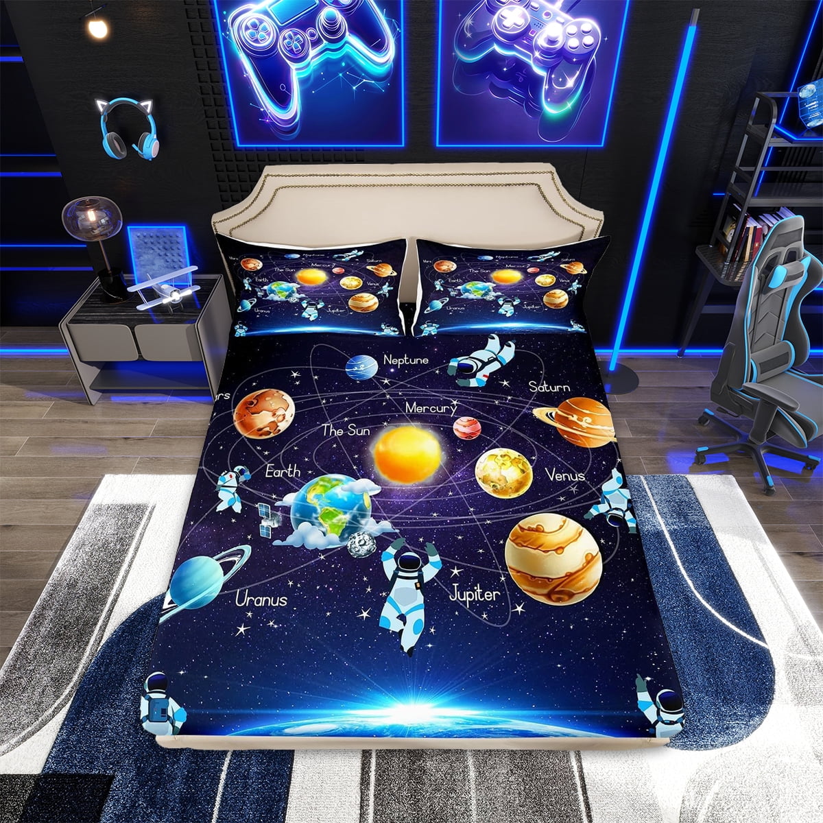 YST Twin Size Outer Space Fitted Sheet Set, Kids Planet Bedding, Blue ...