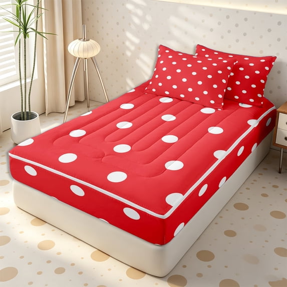 Erosebridal Oversized Retro Polka Dot Zipper Twin Comforter Sets with Fitted Sheet and 2 Pillowcases,Large White Circle Grid Print Zipper Bedding Set,Scarlet White,4-Piece,Reversible