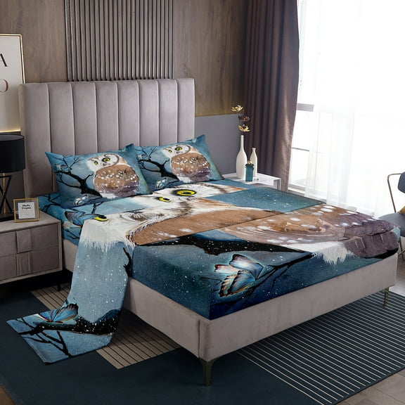 Erosebridal Owl Sheet Set Boho Owl Print Sheets Exotic Watercolor Animal Bed Sheets Set, Butterfly Bird Animal Decor Flat Fitted Sheet Room Decor Queen