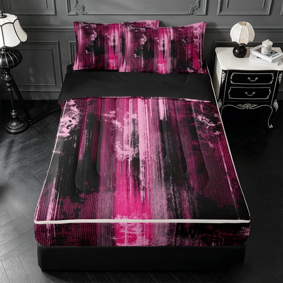 Erosebridal Paint Texture Zipper Queen Comforter Set with Fitted Sheet and 2 Pillowcases,Abstract Geometric Aesthetic Zipper Bedding Set For Girls,Black Reversible,4pcs