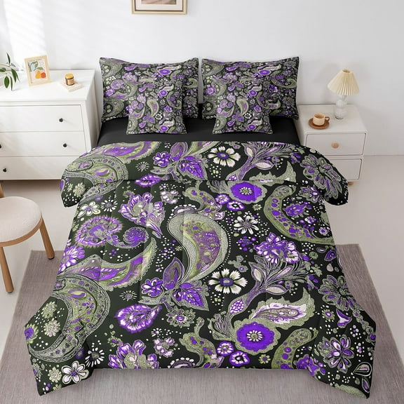 Erosebridal Paisley Damask 7 Piece Queen Comforter Set,Exotic Egyptian Chic Bedding,Floral Boho Tribal Microfiber Bed in a Bag Bedding Accessories,Retro Bohemian Bed Sheets Set