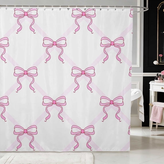Erosebridal Pale Satin Bow Ribbon Shower Curtain 72Wx72L for Girls, Romantic Floral Print Waterproof Bathroom Curtain