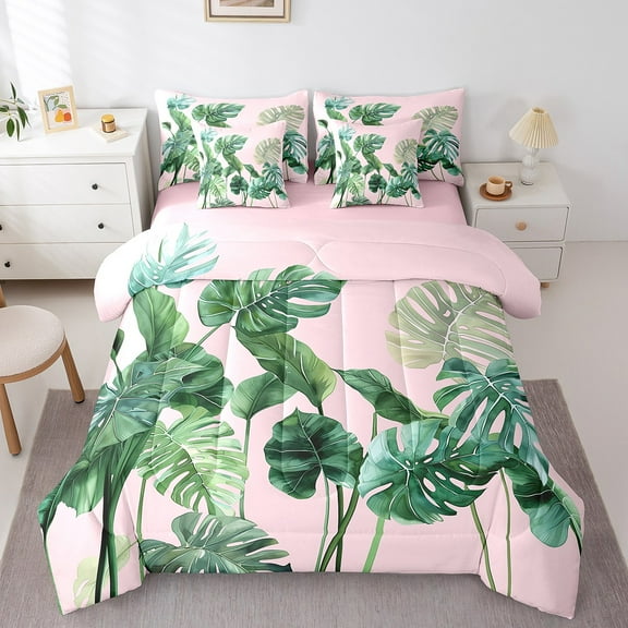 Erosebridal Palm Leaf Bed in a Bag Queen size, Tropic Botanical Bed Set, Green Plant Reversible Bedding Queen Size, Super Cozy Bedroom Decor, 7-Piece