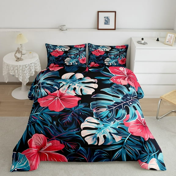 Erosebridal Palm Leaf Comforter Sets Queen Size, Tropical Plant Comforters & Duvets, Red Flower Floral Decor, Super Cozy 3pcs