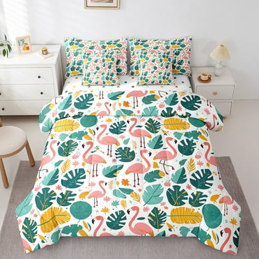 Erosebridal Palm Leaves Bedding Sets Twin Size, Kawaii Flamingo Comforter Sets with Sheets, Tropical Wildlife Decor, Reversible 7pcs