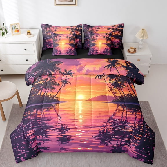 Erosebridal Palm Tree Bedding Queen Size,Ocean Sunset Bed in a Bag Queen size,Botanical Decoration,Reversible,Lightweight,7 Pieces