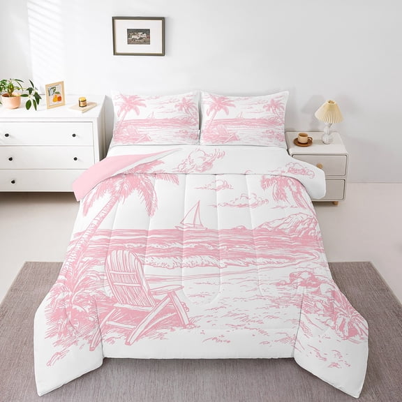 Erosebridal Palm Tree Bedding Twin Comforter Set,Pink White Down Comforter,Ocean Beach Decor,Reversible,Lightweight,2-Piece
