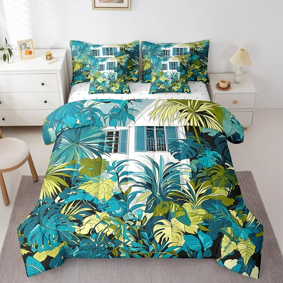 Erosebridal Palm Tree Leaves Bedding Sets Twin Size, Tropical Farmhouse Lodge Cabin Comforter Sets with Sheets, Botanical Plants Bedding Accessories, Microfiber Room Decor, Reversible 7pcs