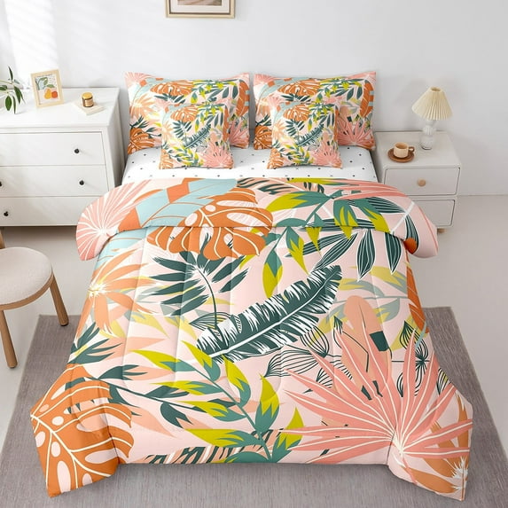 Erosebridal Palm Tree Leaves Queen Comforter Set 7pcs Tropical Jungle Bedding Comforter Sets, Botanical Plants Bed in a Bag Colorful Leaf Bedding Set, Pink Green Orange Bed Sheets Set