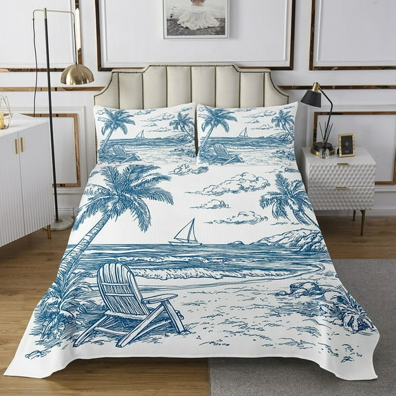 Erosebridal Palm Tree Quilt Sets for Queen Size Bed,Ocean Beach Bed Set,Botanical Decoration,Lightweight,3pcs