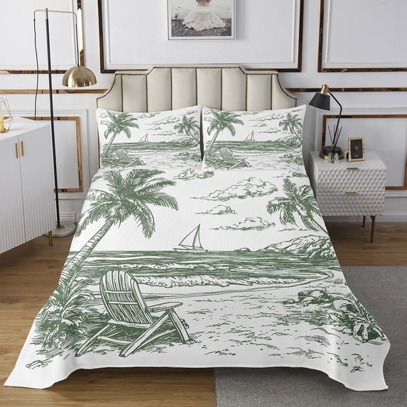 Erosebridal Palm Tree Quilt Sets for Queen Size Bed,Ocean Beach Bed Set,Botanical Decoration,Lightweight,3pcs