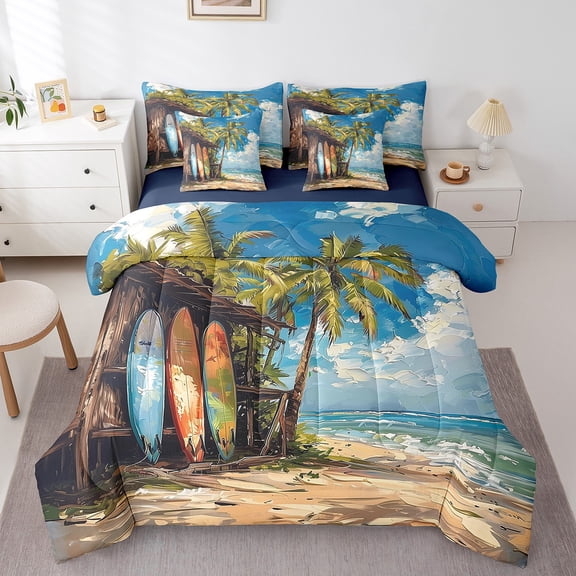 Erosebridal Palm Tree Surfboard Bed In A Bag Full Size,Seaside Lodge Bed Set,Ocean Theme Decor,Reversible,Breathable,7-Piece