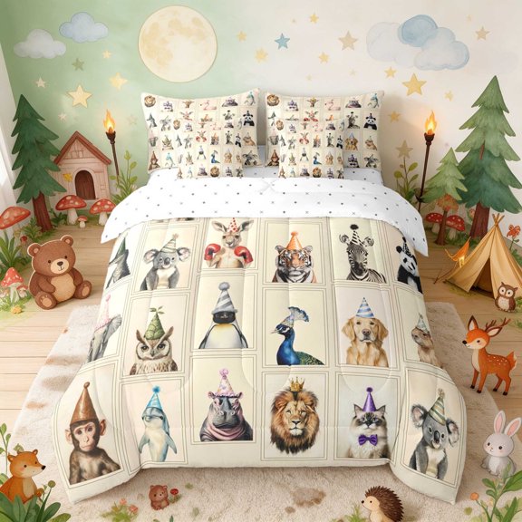 Erosebridal Panda Twin Bedding for Boys Girls, Party Hats Bedding Comforter Set, Reversible 7 Pieces