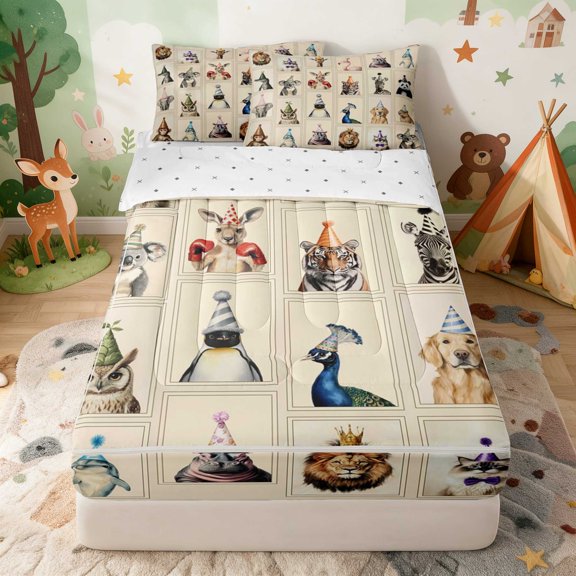 Erosebridal Panda Zipper Full Size Comforter Sets with Fitted Sheet and 2 Pillowcases for Boys Girls, Party Hats Zipper Bedding Set, Reversible