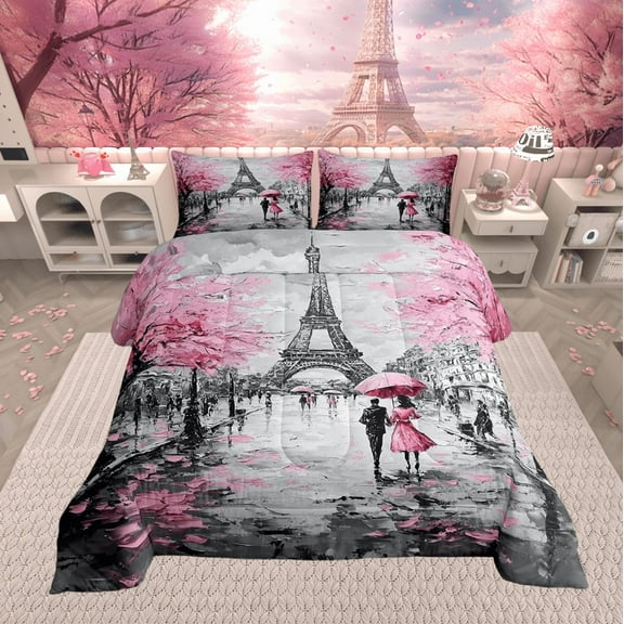 Erosebridal Paris Bedding Set Full Size Pink and Gray Eiffel Tower Comforter Set for Teens Bedroom Decor with 2 Pillow Cases