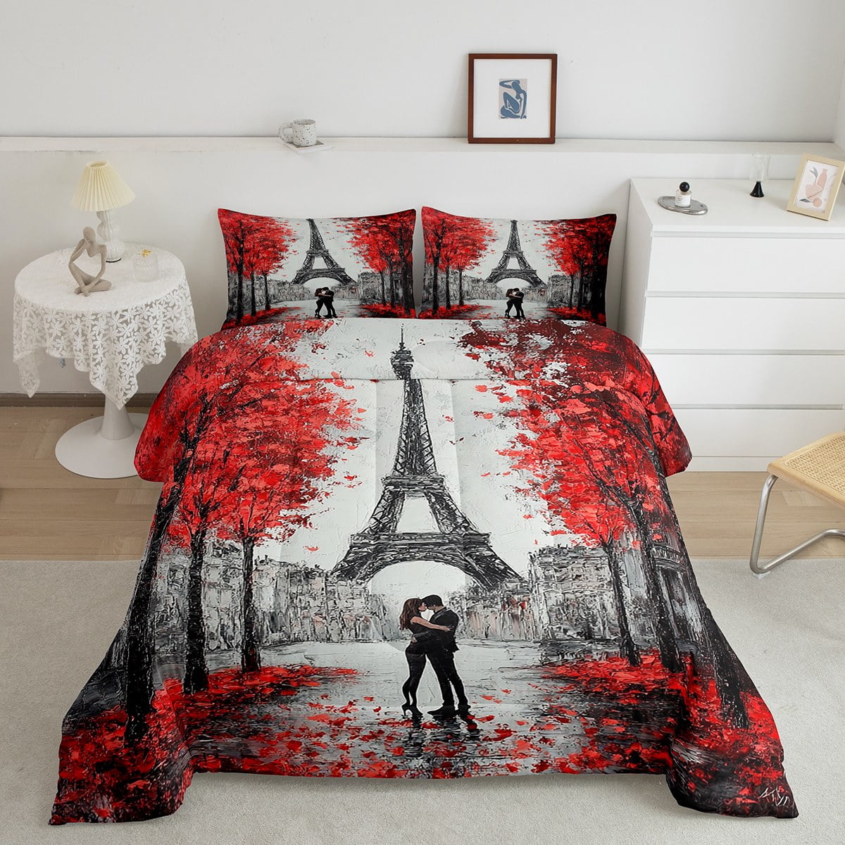 Erosebridal Paris Bedding Set King Size Red Grey Eiffel Tower Comforter