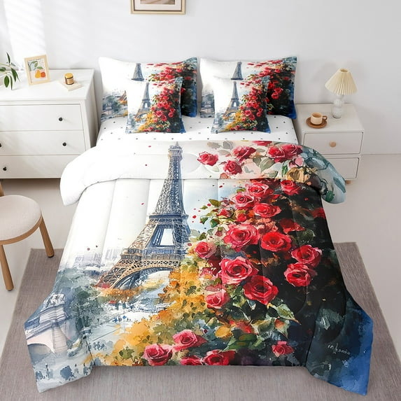 Erosebridal Paris Comforter Set with Sheets French Eiffel Tower 7 Piece Bedding Set Red Rose Floral Bed in a Bag Paris Tower Bed Set Full Size