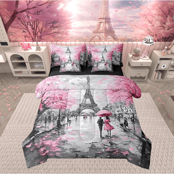 Erosebridal Paris Comforter Set with Sheets Pink and Gray Eiffel Tower 7 Piece Bedding Set Watercolor Pink Cherry Blossoms Bed in a Bag Romantic Valentine Bed Set Twin Size