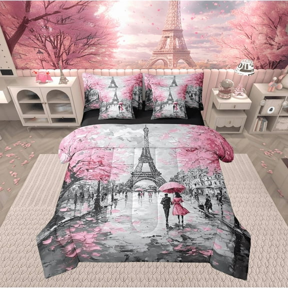 Erosebridal Paris Comforter Set with Sheets Pink and Gray Eiffel Tower 7 Piece Bedding Set Watercolor Pink Cherry Blossoms Bed in a Bag Romantic Valentine Bed Set Full Size