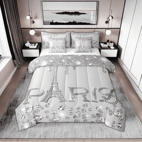 Erosebridal Paris Comforter Sets Full for Women,Girly Glitter Eiffel Tower Bed in A Bag for Valentine's Day Gift,(Not Real)Diamond Bedding Sets,Sparkles Sequins Reversible Bed Sets with Sheet Set