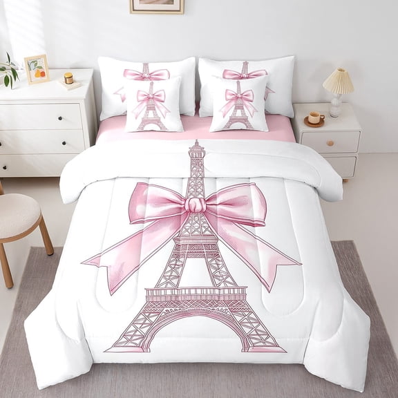 Erosebridal Paris Eiffel Tower Bedding Sets King Size, Chic Bow Tie Bed Set, Pink White, Reversible 7-Piece