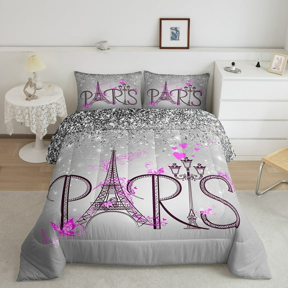 Erosebridal Paris Eiffel Tower Bedding Twin Comforter Set, Gray Diomands Glitters Print Down Comforter, Ultra Soft Bedding Sets Twin with Comforter, Room Decor, 2 Pieces