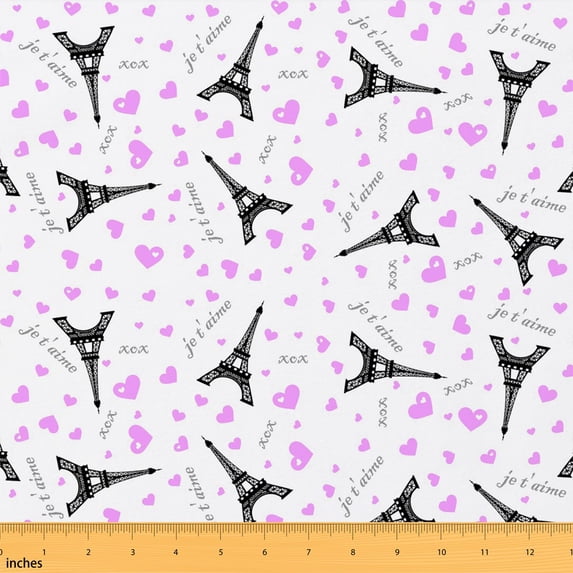 Erosebridal Paris Eiffel Tower Fabric by the Yard 1 Yard, Lavender Heart Love Pattern Home Decor Fabric by the Yard