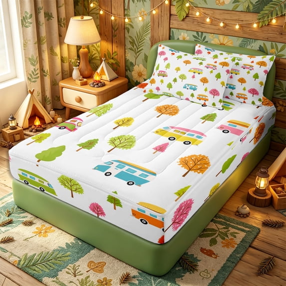 Erosebridal Pastel Camper Van Tile Zipper Twin Comforter Sets with Fitted Sheet and 2 Pillowcases,Forest Tree Zipper Bedding Set,Yellow Pink White,4-Piece,Reversible