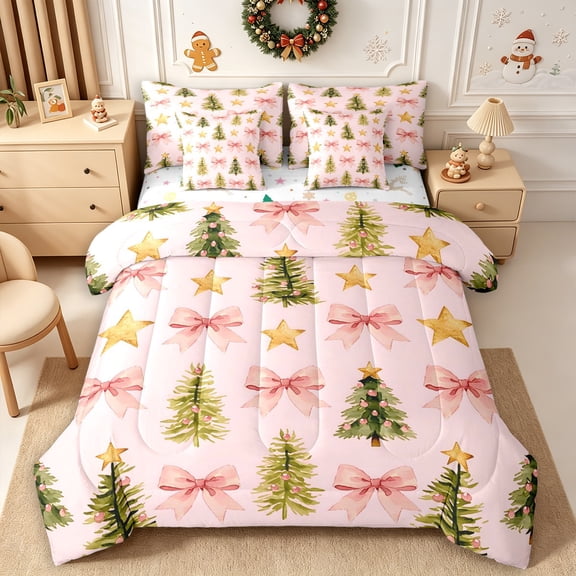 Erosebridal Pastel Christmas Full Size Bedding Sets 7 Pieces,Holiday Tree Full Size Bed in a Bag,Pink,Reversible