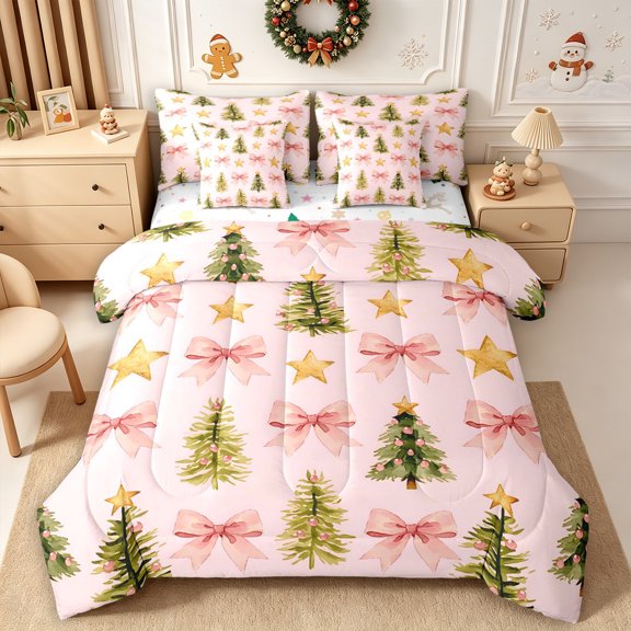 Erosebridal Pastel Christmas King Bedding 7pcs,Holiday Tree King Bed in a Bag,Pink,Reversible