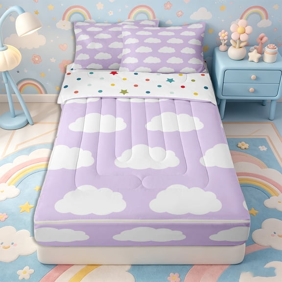 Erosebridal Pastel Cloud Pattern Zipper Twin Comforter Sets with Fitted Sheet and 2 Pillowcases,Minimal Silhouette Print Zipper Bedding Set,Purple White,Reversible