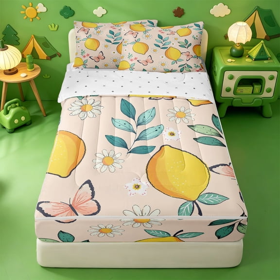 Erosebridal Pastel Lemon Daisy Zipper Twin Comforter Sets with Fitted Sheet and 2 Pillowcases,Sweet Butterfly Floral Leaf Zipper Bedding Set For Girls,Reversible,4pcs