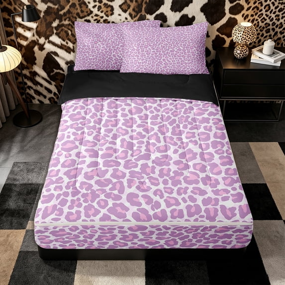 Erosebridal Pastel Leopard Pattern Zipper Twin Comforter Sets with Fitted Sheet and 2 Pillowcases,Spotted Mark Print Zipper Bedding Set,Lavender Purple White,Black Reversible