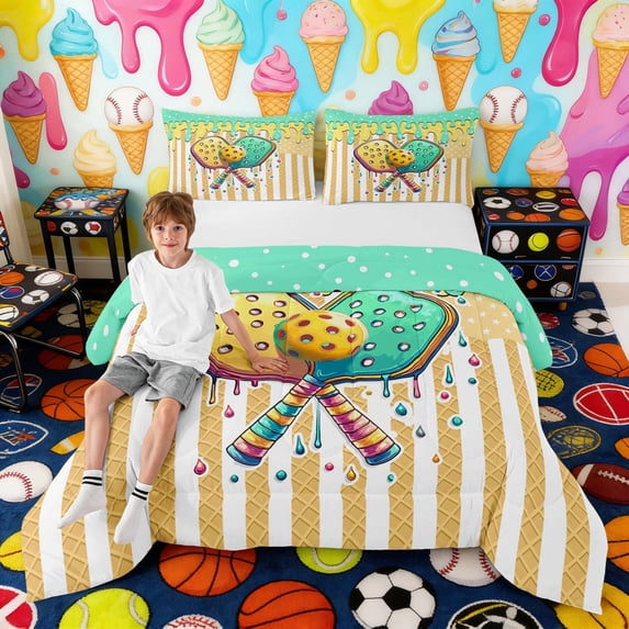 Erosebridal Pastel Pickleball Paddle Print Full Size Comforter Sets, Sweet Sports Bedding Sets for Kids Boys and Girls, Polka Dots Reversible 3pcs, 1 Comforter and 2 Pillowcases