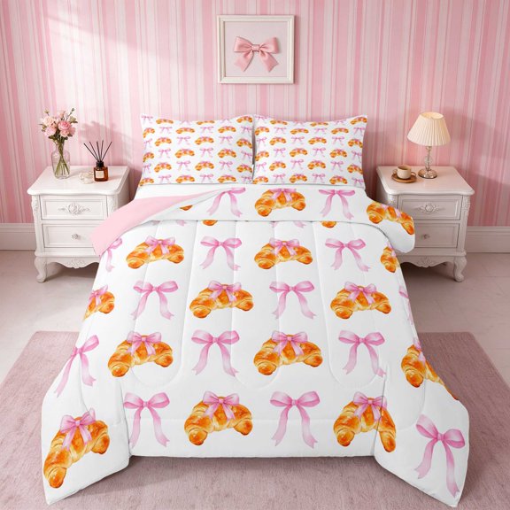 Erosebridal Pastel Satin Bow Ribbon Queen Comforter Set for Girls, Romantic Floral Print Comforter Sets Queen, Pink Reversible 3pcs 1 Comforter and 2 Pillowcases