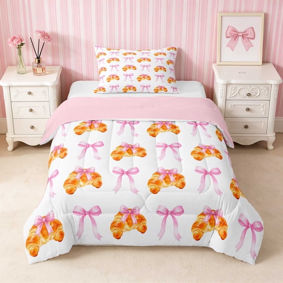 Erosebridal Pastel Satin Bow Ribbon Twin Comforter Sets for Girls, Romantic Floral Print Bedding Set, Pink Reversible 2-Piece 1 Comforter and 1 Pillowcase