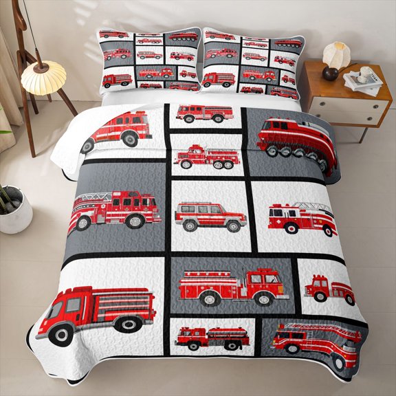 Erosebridal Patch Fire Truck Quilt Full,Red Engine Full Bedspread Sets For Boys,3pcs