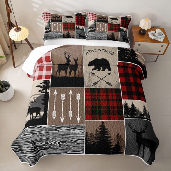 Erosebridal Patchwork Buffalo Plaid Bed Spread Queen for Women Men, Wildlife Arrow Queen Coverlet Set, Red Brown, 3 Pieces