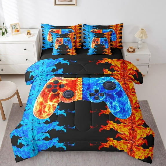 Erosebridal Patchwork Gamepad Bed in a Bag Twin size, Fire Water Bed Set, Geometric Reversible Bedding Twin Size, Microfiber Room Decor, 7 Pieces