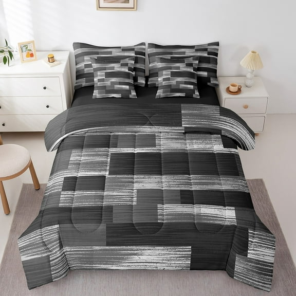 Erosebridal Patchwork Geometry Bedding Full Size,Retro Graffiti Plaid Bed Set,Gray Black Bedding Sets Full Size,Super Cozy Room Decoration Reversible,7pcs