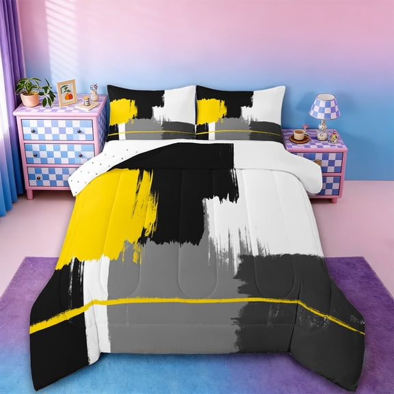 Erosebridal Patchwork Graffiti Grometry Bedding Queen Comforter Set,Aesthetic Art Down Comforter,Yellow Gray Black Bedding Sets Queen with Comforter,Breathable Room Decoration Reversible,3 Pieces